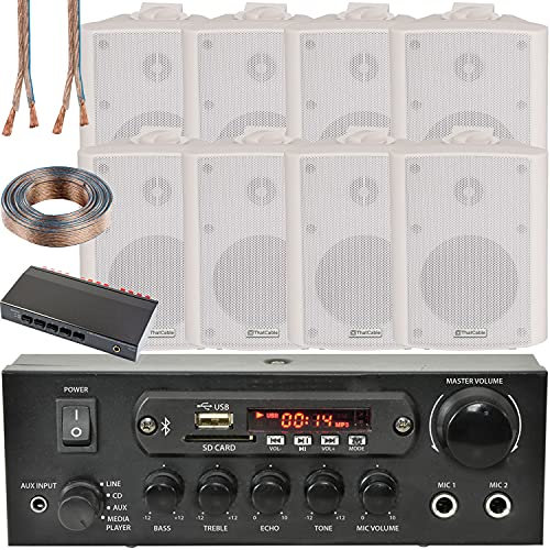 SMART HOME 4 ZONE BLUETOOTH KIT–8x 70W 4” White Wall Mounted Speaker, 110W Stereo Amplifier, Speaker Splitter Cable *ECHO ALEXA SPOTIFY* Wireless HiFi Audio Background Amp System–Bar Pub Home Surround