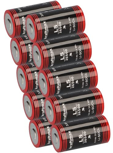 10x Kraftmax Lithium 3,6V Batterie LiSOCl2 LS26500 C Zelle LS 26500 Baby Bobbin Primärzelle mit hoher Energiedichte AKKUman Set