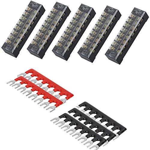 Carkio 5 PCS Double Row 8 Position Screw Terminal Strip 600V 15A+ 400V 15A 8 Postions Pre-Insulated Terminal Barrier Strip Suitable for Industrial, Lighting, Instrumentation, Railway,Red/Black 5PCS