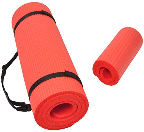 Fitvids Tappetino multiuso da 1,27 cm, extra spesso, ad alta densità, anti-strappo, per esercizi, yoga, ginocchiere, con tracolla, colore: rosso