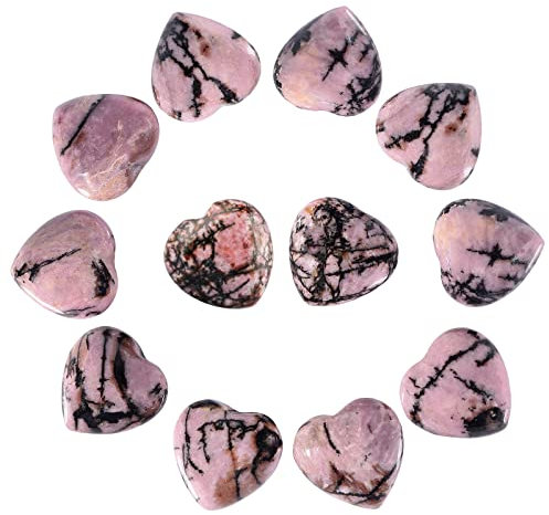Nupuyai 12pcs Rhodonite Crystal Heart Love Palm Worry Stone for Chakra Healing, Carved Stone for Home Decoration 1.5cm