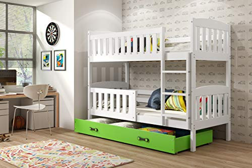 Interbeds Etagenbett Hochbett QUBA 90x200cm aus Kiefernholz, Farbe: WEIß ; Kinderbett mit Matratzen und Lattenroste (weiß + grüne Schublade)