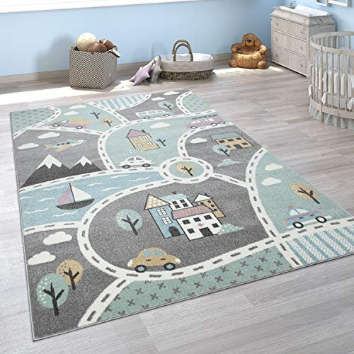 Paco Home Kinder-Teppich Mit Straßen-Motiv, Spiel-Teppich Für Kinderzimmer, In Grün Grau, Grösse:80x150 cm