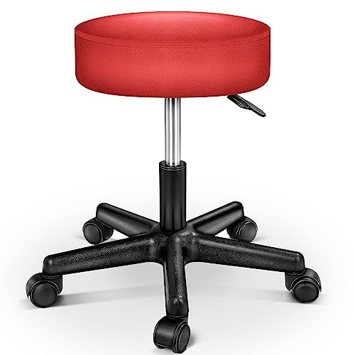 TRESKO Rollhocker höhenverstellbar Rot | Drehhocker 10 cm Dicke Polsterung | Arbeitshocker 360° drehbar | Hocker