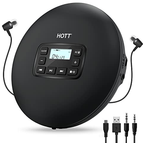 HOTT CD204 Tragbarer CD-Player, Walkman Compact Player, tragbarer CD-Player, MP3-Player, MP3-Player, mit Antischock-Kopfhörern, für Audiobooks, Musik, Checkes für Kinder und Erwachsene (schwarz)
