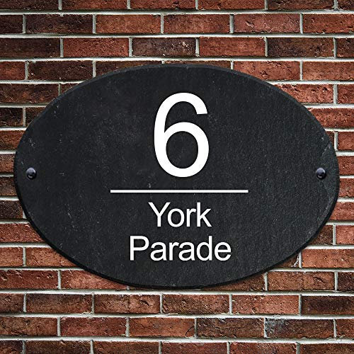 Personalised Slate House Number Natural Slate Door Sign House Gate Sign Plaque UV Printed Door Number Hand Finished in UK (27x19cm Oval Number)