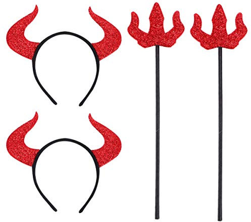 minkissy Halloween Red Devil Costume,4Pcs Red Devil Horns Headband Devil Fork Devil Set Trident Forks Devil Accessories Party Favors for Cosplay Prop