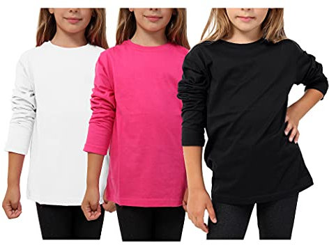 3X Kids Girls Boys Plain 3 Pack Combination (Long Sleeve top) School Basic TOP Boys T-Shirt Tops Crew Neck Uniform Jumper 3-14 Years (3X Black/White/Cerise, 13-14 Years)