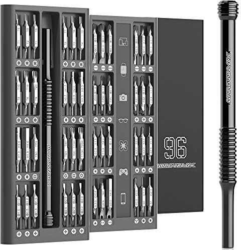 96-in-1 Präzisions-Schraubendreher-Set, ARROWMAX magnetischer Treiber mit Aluminiumgehäuse, Elektronik-Reparaturwerkzeug-Set für iPhone, Tablet, MacBook, Xbox, Handy, PC, Spielkonsole, schwarz
