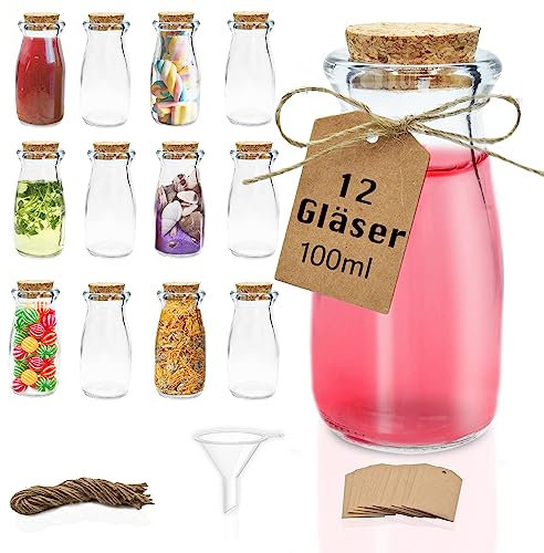 Volila Mini Glass Jars (100ml/3.4oz) with Cork Lids - Wedding & Party Favours (Set of 12) with Funnel & Labels