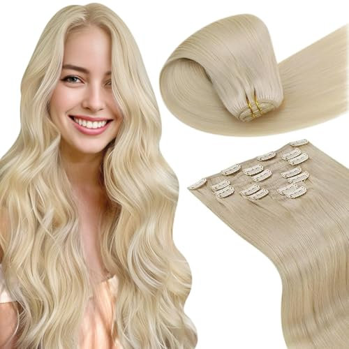 LaaVoo Blonde Clip in Hair Extensions Real Hair Extensions Clip in 14 Inch 120g 7pcs Full Head Straight Remy Platinum Blonde Hair Double Weft #613