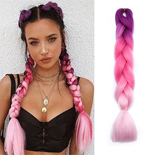 Rich Choices Braiding Hair Extensions Ombre 4 Tones Jumbo Braids Hair Extensions for Braiding Coloured Hair for Twist 24”, 1 Bundles - Purple to Peach Pink to Pink