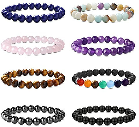 JeweBella 8 Stück Natürliche Edelstein Armbänder Set Damen Herren Perlen Armbänder Rose Quartz Amethyst Tigerauge Stein Obsidian Türkis Chakra Armband Paare Stretch Edelsteine Heilsteine Armband Set