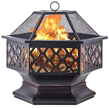 Samnuerly Outdoor-Feuerstelle, große Feuerschale mit Funkenschutz und Kaminschürhaken, holzbefeuerte Feuerstelle, 360°-Heizbecken für Terrasse, Garten, Hinterhof