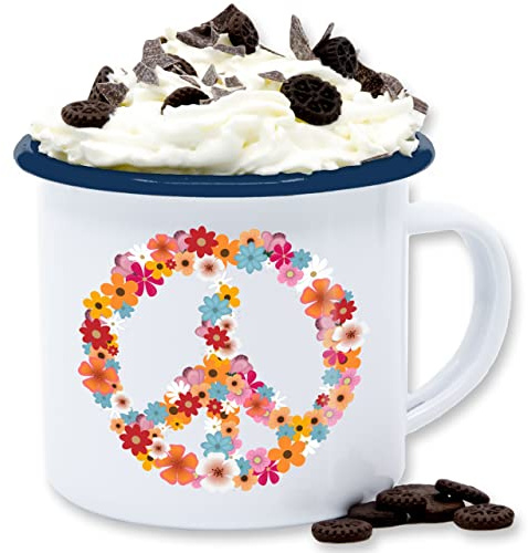 Emaille Tasse Blechtasse - Statement - Peace Flower Power Hippie Peace Zeichen I Friedenszeichen I 90er I 70er - 300 ml - Weiß Blau - statements 90s frohes neues jahr 70s new year 60er