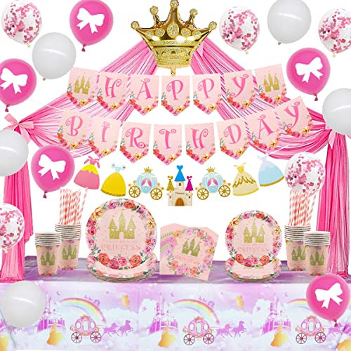 Prinzessinnen Party Dekorationen, Geburtstagszubehör für Mädchen, inklusive Tellergeschirr, Tüll, Banner, Luftballons, Tischdecke, für Mädchen, Prinzessinnen Babyparty Dekorationen für 20 Gäste