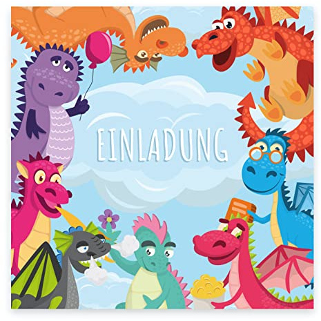 12 Premium Einladungskarten zum Kindergeburtstag + 12 Umschläge, Postkarte, 14,8x14,8cm, mit vorgedrucktem Text auf der Rückseite Einladung Karten Kinder Kids birthday Dinosaurier