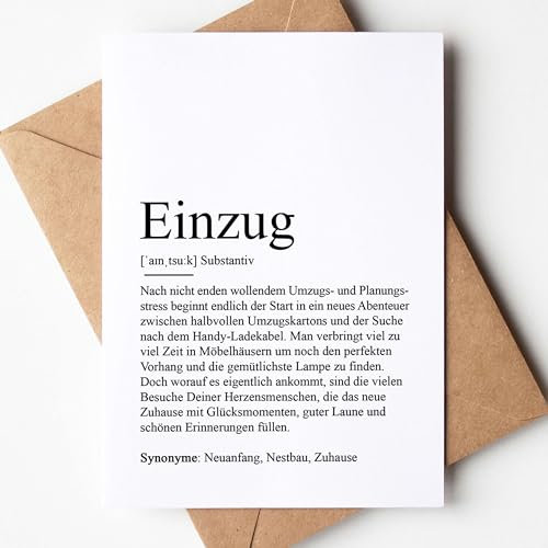 KAMEWI® Grußkarte EINZUG Definition | Klappkarte mit Briefumschlag aus Kraftpapier | Neue Wohnung Wohnungseinweihung Umzug Glückwünsche Traumhaus Hausbau