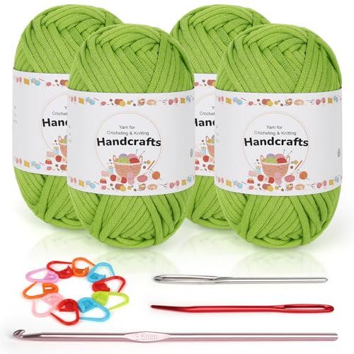 Coopay 4 x 50g Baumwolle Häkelwolle für Anfänger, Gut Sichtbare Maschen Garn Häkelgarn mit Häkelzubehör, Chunky Wolle zum Häkeln, Dickes Baumwoll-Nylon-Mischgarn für Tasche, Puppen - Herbstgrün