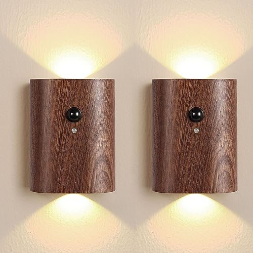 2 Stück Holz LED Akku Wandleuchte Kabellose mit Bewegungsmelder Innen USB Aufladbare Wandlampe Schlafzimmer Bettlampe 3000K Warmeslicht Magnetische Nachtlicht Up Down Wandbeleuchtung Flurlampe,Dark