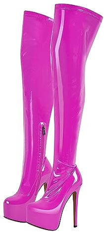 blingqueen Damen Overknee Stiefel Stretch Boots Plateau Stiletto Metallic Lack Fuchsia 37 EU