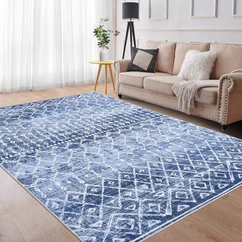 LuxFocus Maschinenwaschbarer Boho Teppich - Rutschfest, Kurzflor für Innen, Schlafzimmer, Wohnzimmer - Marokkanischer Stil, Faltbare Bodenmatte, Blau 120x170 cm