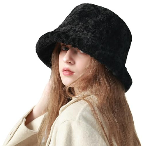 Laxier Damen Winter Fuzzy Faux Fur Bucket Hat Slouchy Warmer Fisherman Hüte für Frauen Weiche Flauschige Warme Kappe, 3188 - Schwarz, Einheitsgröße
