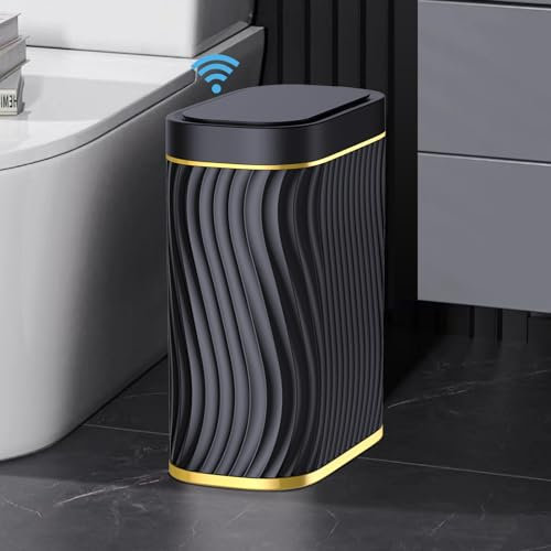 steo spce Bathroom Small Trash Can with Automatic Touchless Lid, 2.6 Gallon Smart Garbage Can Narrow Waterproof Trash Bin for Bedroom, Office, Living Room-Glod Black