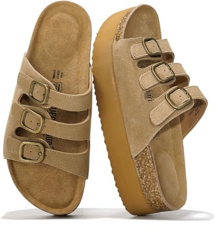 Project Cloud 100% Genuine Leather Platform Sandals Women Footwear - Comfortable Womens Slides Memory Foam Insole - Non Slip Water-Resistant 3-Strap Wedge Sandals for Women 2026 (Dyan, Chestnut, 8)