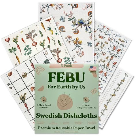 FEBU Swedish Dishcloths for Kitchen | 5 Pack Vintage Kitchen Reusable Paper Towels Washable | Swedish Dish Towels | Non-Scratch Cellulose Sponge Cloths | No Odor, Biodegradable Cleaning Cloths