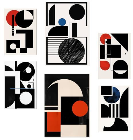 Nacnic 6er-Set Bauhaus blau rot schwarz Poster mit Designillustrationen zur Dekoration der Wände Ihres Zuhauses. Räume, Büro, Laden und Geschäft Format A3 und A4 Rahmenlos