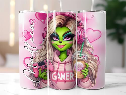 Lolleby´s Kindertraumland TUMBLER Thermobecher GRINCH GAMING - PERSONALISIERT - 3-wandig, hält Getränke kalt und heiß, 590 ml, Edelstahl