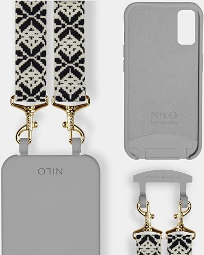 NILO® Set | Handyhülle mit Band, Handyband Black Mattatang mit grauer Handyhülle für Samsung S20 FE | hochwertige Handykette, verstellbar, mit Karabiner Gold