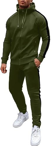 COOFANDY Trainingsanzug Herren Jogginganzug Tracksuit Sportanzug Jogginghose Streatwear Hoodie Set mit Kapuze Casual 2 Teiliges Outfit mit Reißverschlusstasche Armeegrün L