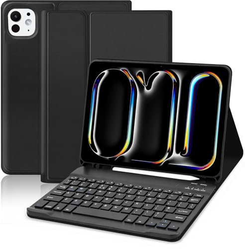 Keyboard Case for iPad Pro 11 inch M4 2024 - UK Keyboard QWERTY Layout Detachable Bluetooth Keyboard, Protective Folio Cover with Pencil Holder for iPad Pro 11(Model: A2836/A2837/A3006), Black