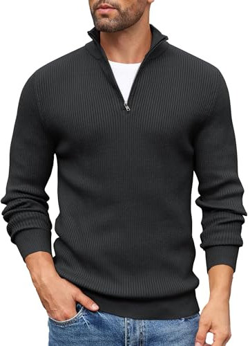 COOFANDY Men's Quarter Zip Jumper Ribbed Turtleneck Jumper Sweater Polo Neck Jumpers Casual Knitted Jumpers Warm Long Sleeve 1/4 Zip Pullover Tops Black M