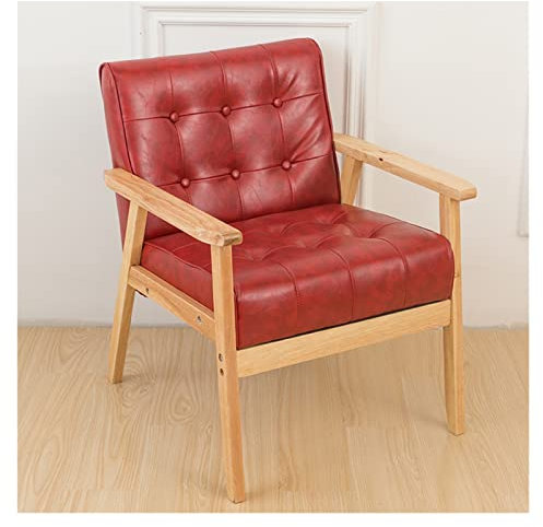 Home Mid-Century-Akzentstuhl, moderner Retro-Freizeitstuhl mit Massivholzrahmen, Einzelsofa-Sessel, Lounge-Lese-Clubsessel aus PU-Leder für Wohnzimmer, Schlafzimmer (Farbe: Rot)