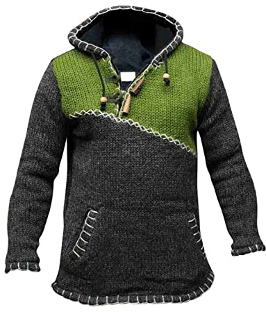 Fleece Lined Pullover with Cross Zip for Men, Hippie Boho Hoodie, Casual Loose Pullover, Mountain Jacket, Men's Hoodie for Autumn-Winter 2024, Green, L