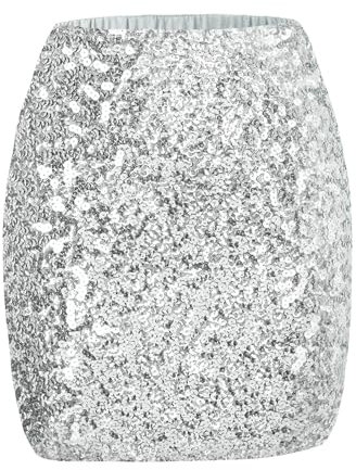 Kefiyis Glitzer Rock Damen Pailletten Rock Elastische Taille Pailettenrock mit Futter Karneval Party Rave Rock Silber S