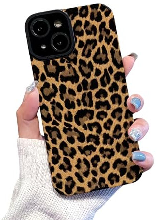 Reownest for iPhone 14 Plus Case Cute Brown Leopard Pattern Leather Aesthetic Phone Case for Women Girls Soft Silicone Protective Case for iPhone 14 Plus -Black