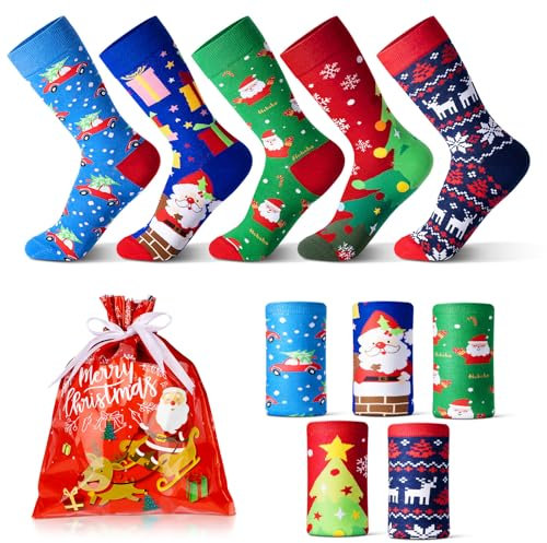 Likesing 5 Paires Chaussette Noel Femme Homme avec Sac Cadeau Noel Chaussette Chaudes Femme Hiver Thermiques Chaussette de Noel Coton Chaussettes Fantaisie Sans Couture Chaussette Drole Cadeau Noel