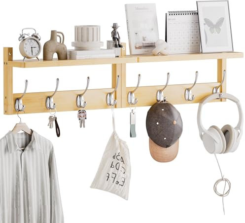 STELLSTAR Wandgarderobe mit Ablage 80 cm, 2 Pack, Bambus Wandregal mit 8 Haken für Eingang, Flur, Küche, Hauswirtschaftsraum (Natural)