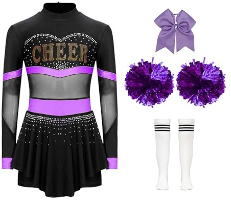 Miutii 4er Set Mädchen Cheer Leader Kostüm Cheerleading Uniform Langarm Kleid mit Pompoms Socken Haarband Halloween Karneval Faschingskostüm