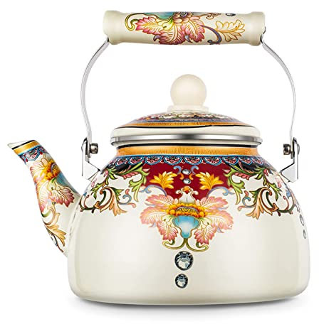 Bollitore smaltato vintage da 4 l, per fornelli a induzione, fornelli a gas, con beccuccio tradizionale, caffettiera retrò