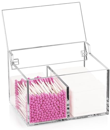 2-Gitter Acryl Wattestäbchen Behälter Wattepads Aufbewahrungsbox mit Deckel | Rechteckiger Q Tip-Halter, Klarsicht Spender für Make-up-Pads, Wattestäbchen, Kosmetika; Klappdose fürs Bad Organizer
