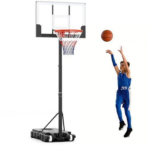COSTWAY Canestro da Basket Esterno ed Interno Regolabile 100 cm-212 cm, Canestro da Basket per Bambini/Adolescenti Portatile con Tabellone in PC, Base Riempibile e Ruote