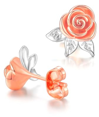 VYYU Rose Flower Stud Earrings for Women Girls - Silver Earrings Plated with White Gold & Rose Gold, Hypoallergenic Ear Studs Jewellery Christmas Birthday Gifts for Girlfriend Mum Daughter Nana