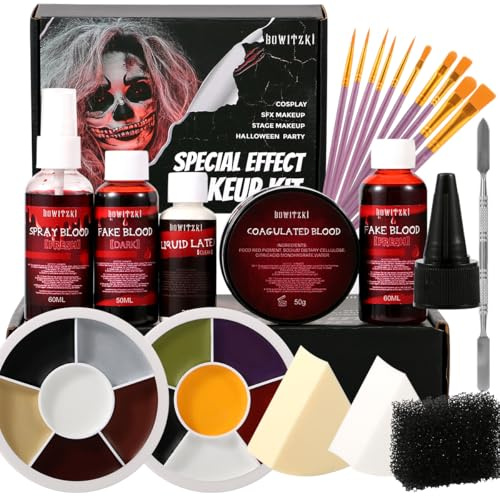 Bowitzki Professional SFX Makeup Kit – Special Effects Makeup Kit with Fake Blood, Coagulated Blood, Liquid Latex, Bruise & Zombie Face Paint for Halloween, Cosplay, Horror FX, Theater
