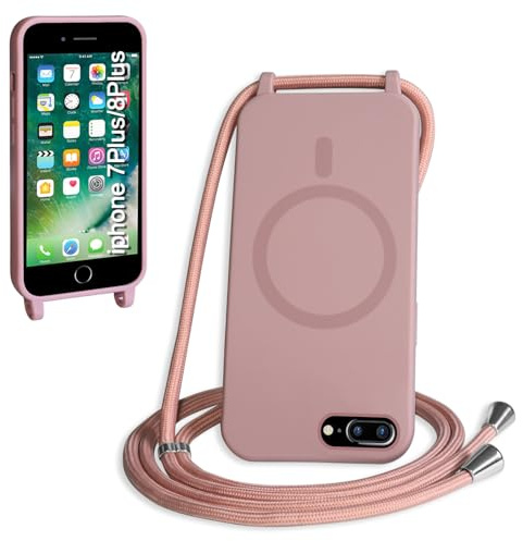 FNPCUON Cover Magnetica Silicone per iPhone 6/7/8 Plus con Cordino,Compatibile con MagSafe,Custodia con Laccio Collana Tracolla Collo Sottile TPU Antiurto Protettiva Case con Corda.Rosa