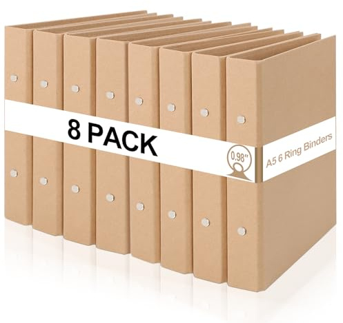 8Pcs A5 Classeurs en Papier Kraft, Classeur A5 6 Anneaux, Dos 38mm, Hauteur de Remplissage 25mm, Renforcée Couverture de Reliure Rechargeable, Beige Feuilles Volantes Reliure pour L'école et Bureau